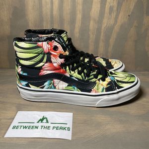 VANS Off the Wall Sk8-Hi Black Hawaiian Floral Flowers High Top Shoes M 3.5 W 5